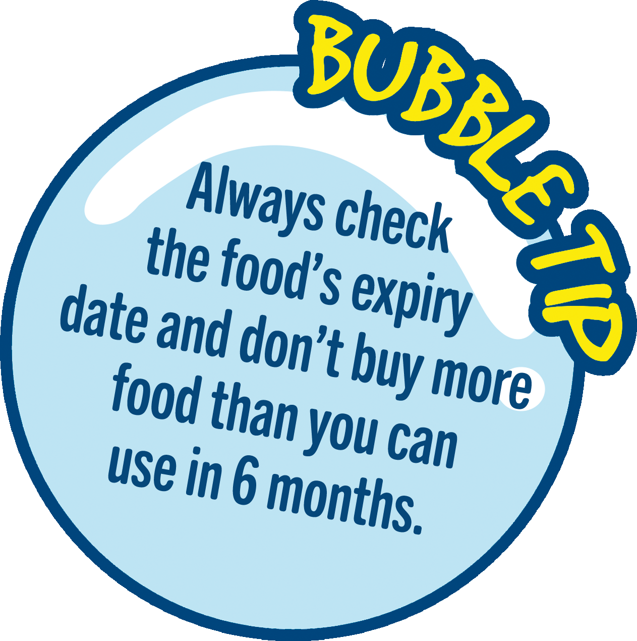 Always check the food’s expiry date and don’t buy more food than you can use in 6 months.